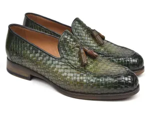 Paul Parkman Woven Leather Tassel Loafers Green Shoes (ID#WVN44-GRN)