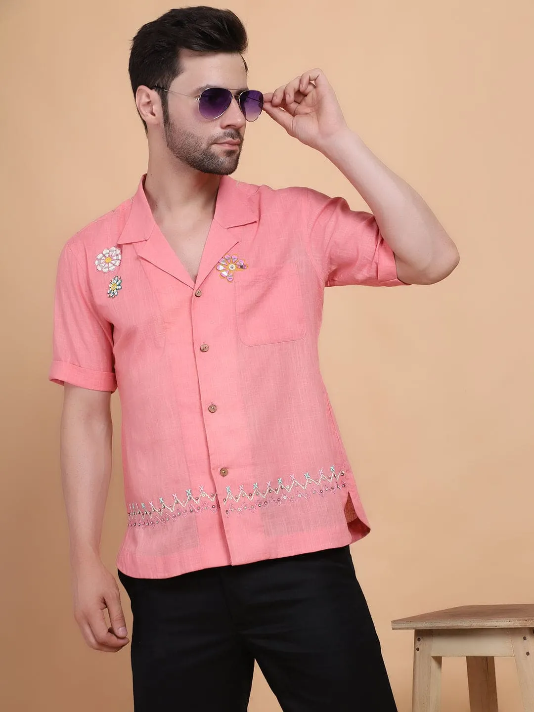 Pink Mirror Work Men Shirt