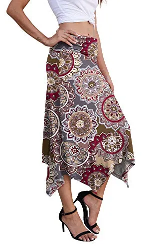 PrinStory Women's Casual Elegant Flowy Handkerchief Hemline Midi Skirt US X-Lage FP Round Flower Brown
