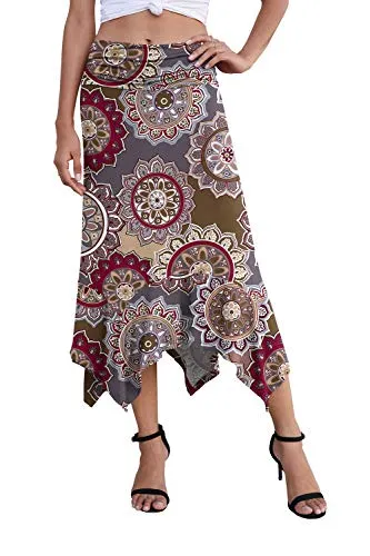 PrinStory Women's Casual Elegant Flowy Handkerchief Hemline Midi Skirt US X-Lage FP Round Flower Brown