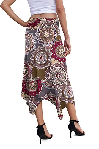 PrinStory Women's Casual Elegant Flowy Handkerchief Hemline Midi Skirt US X-Lage FP Round Flower Brown