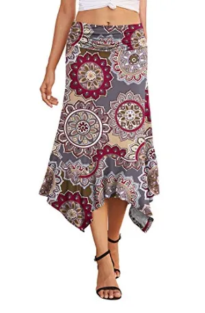 PrinStory Women's Casual Elegant Flowy Handkerchief Hemline Midi Skirt US X-Lage FP Round Flower Brown