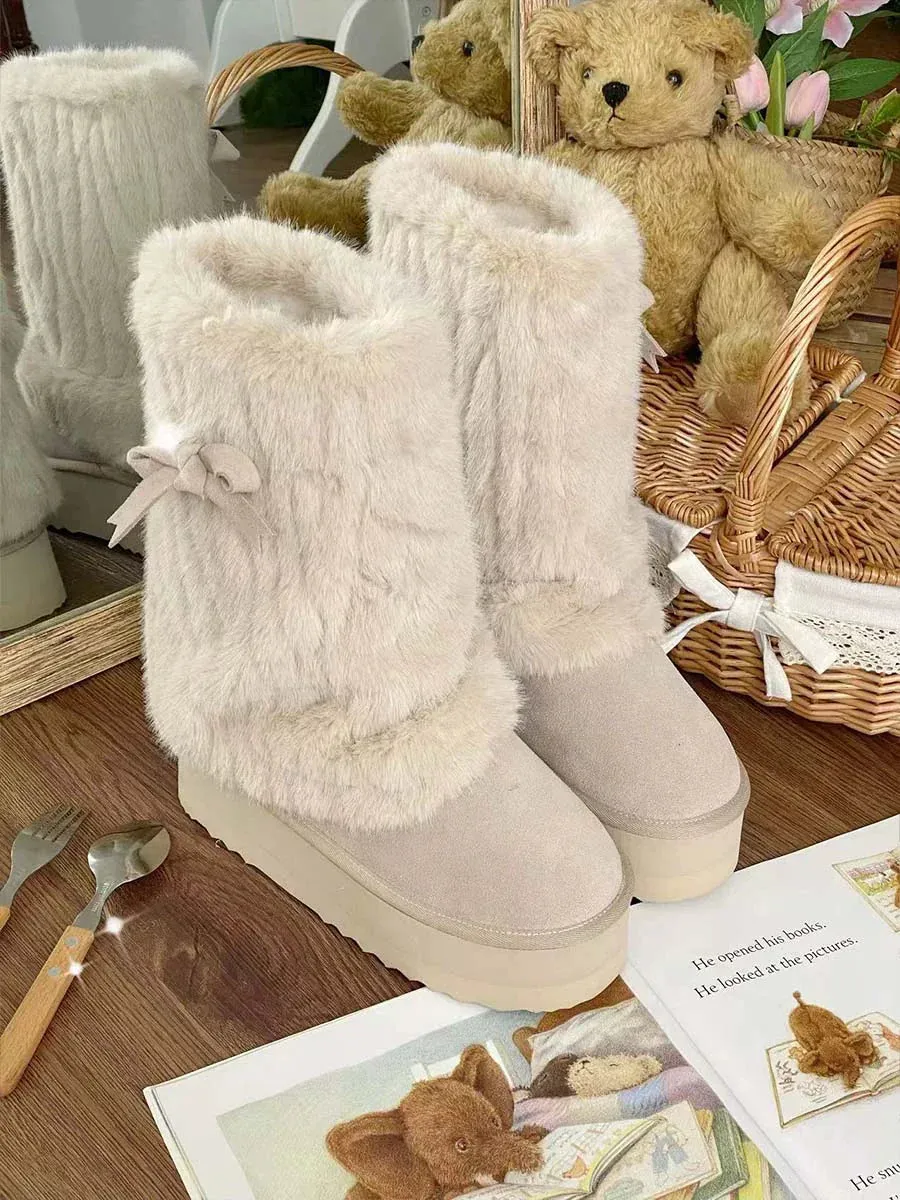 Pure Tea For Dream~Winter Love Song~Winter Lolita Mid-Calf Boots Plush Snow Boots Thick Sole