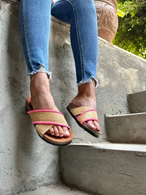 Raffia X Pink Criss-Cross Slides