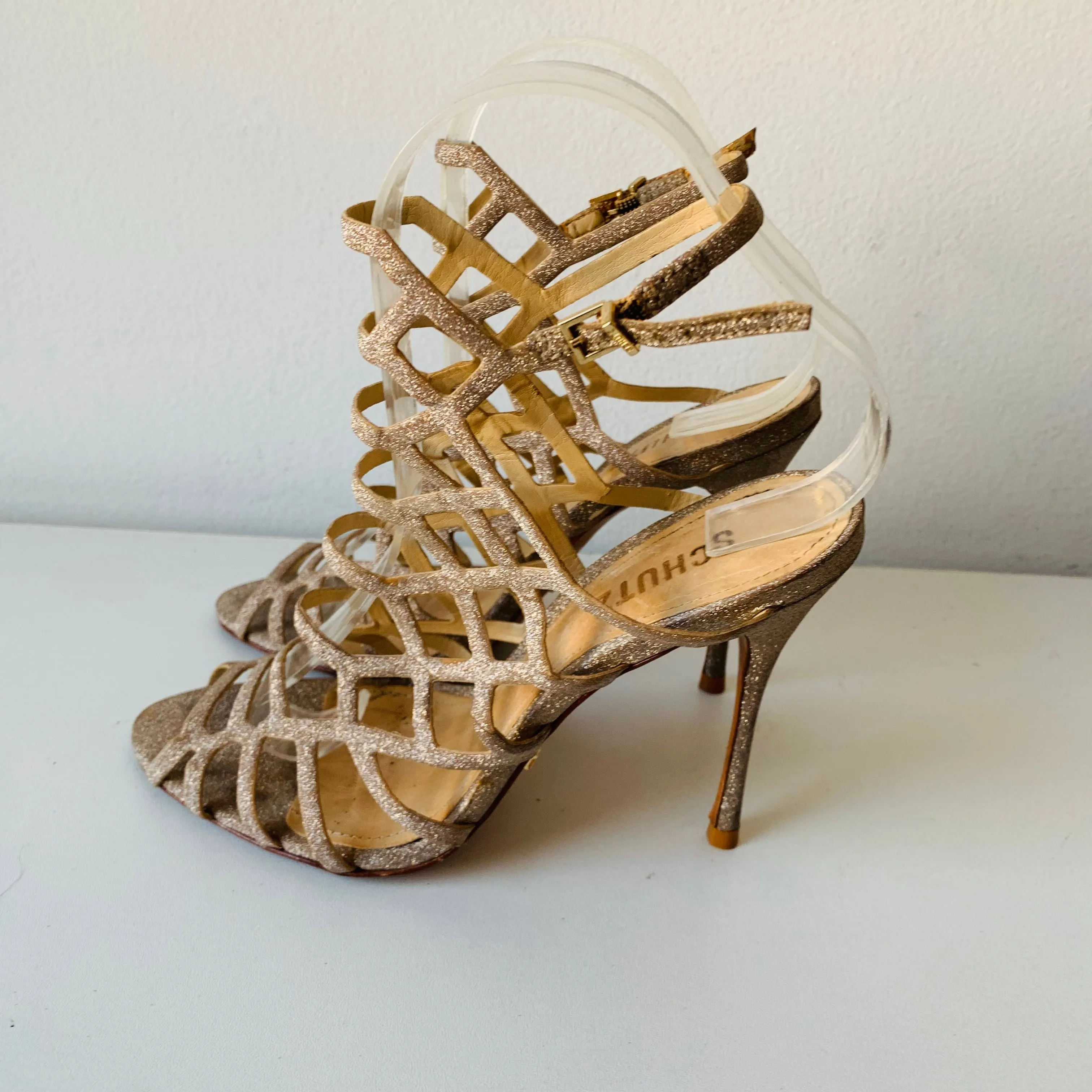 Schutz Juliana Heel Tanino Caged Sparkle Sandals Size 7.5 (Fit like a 6)