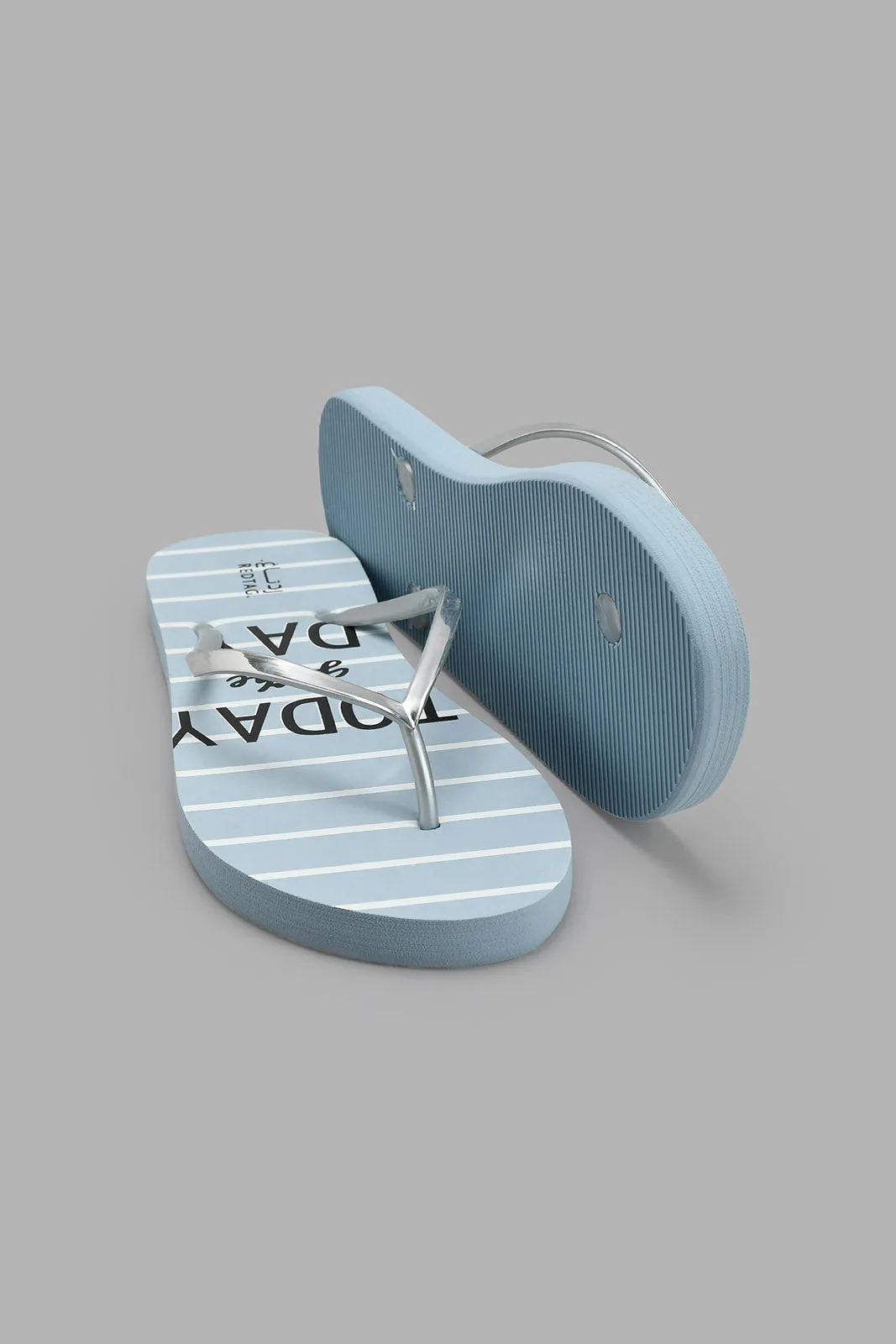 Silver And Teal Flip Flop With Slogan