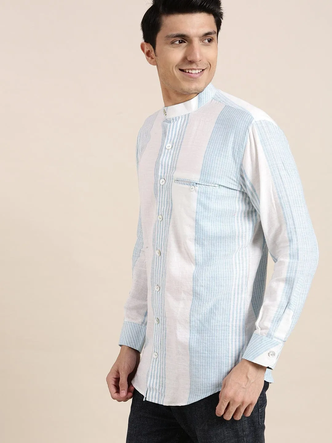 Striped Khadi Men Shirt - Blue