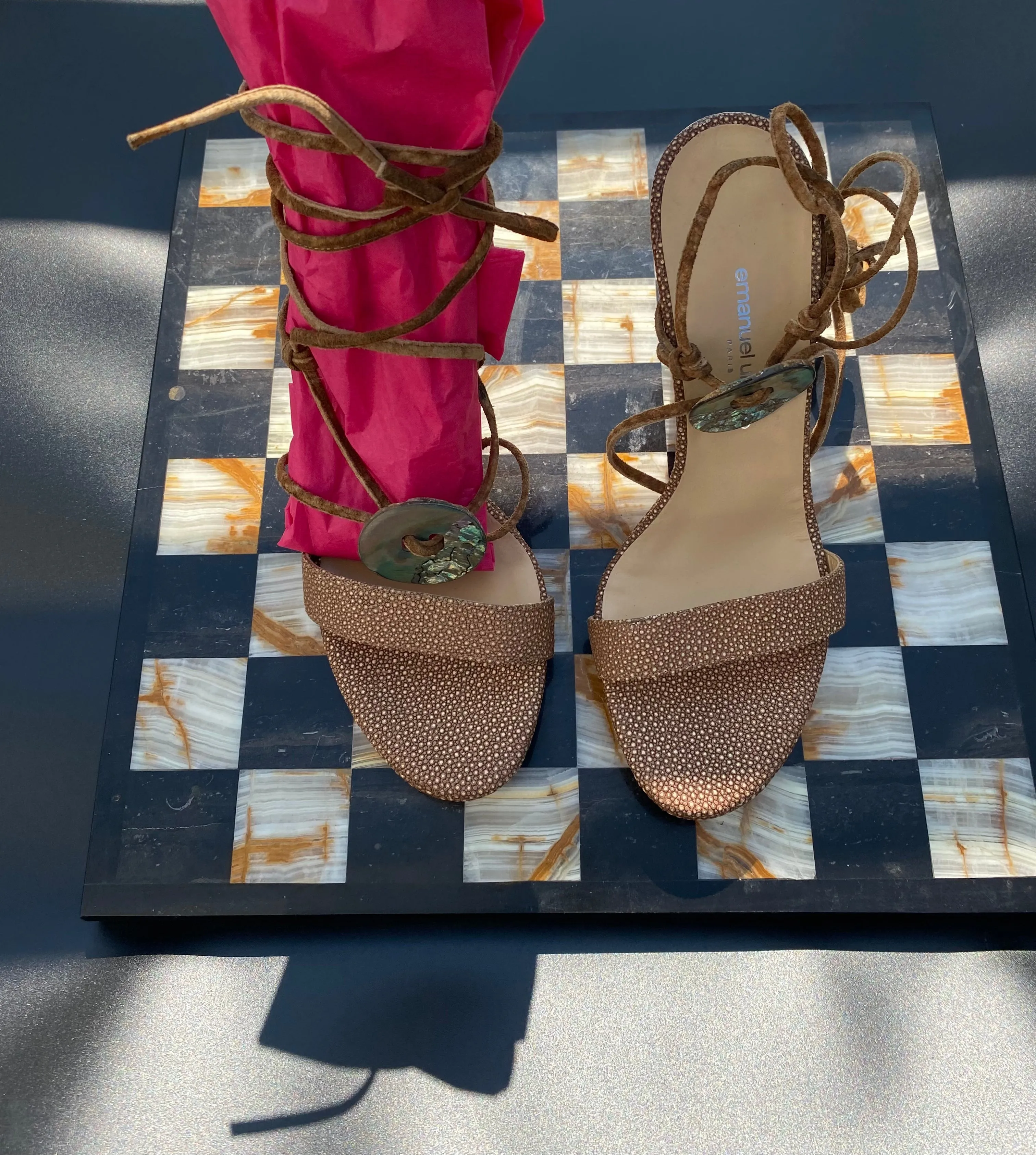 Vintage Emanuel Ungaro Mosaic Shell Tie Up Heels