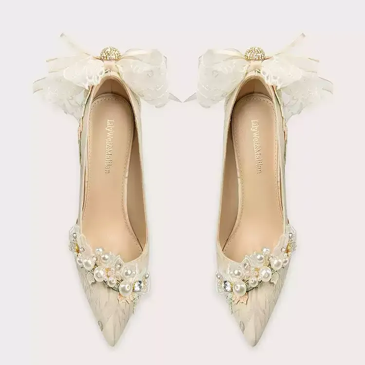 Vintage-Inspired Beigi Pearl and Bow High Heels for bridal Wear