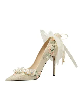 Vintage-Inspired Beigi Pearl and Bow High Heels for bridal Wear