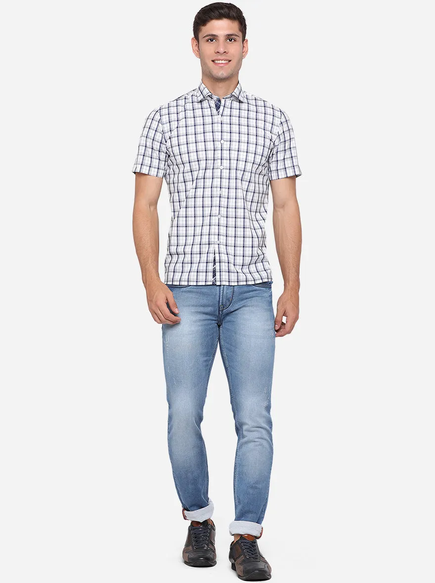 White & Navy Blue Checked Regular Fit Formal Shirt | Greenfibre