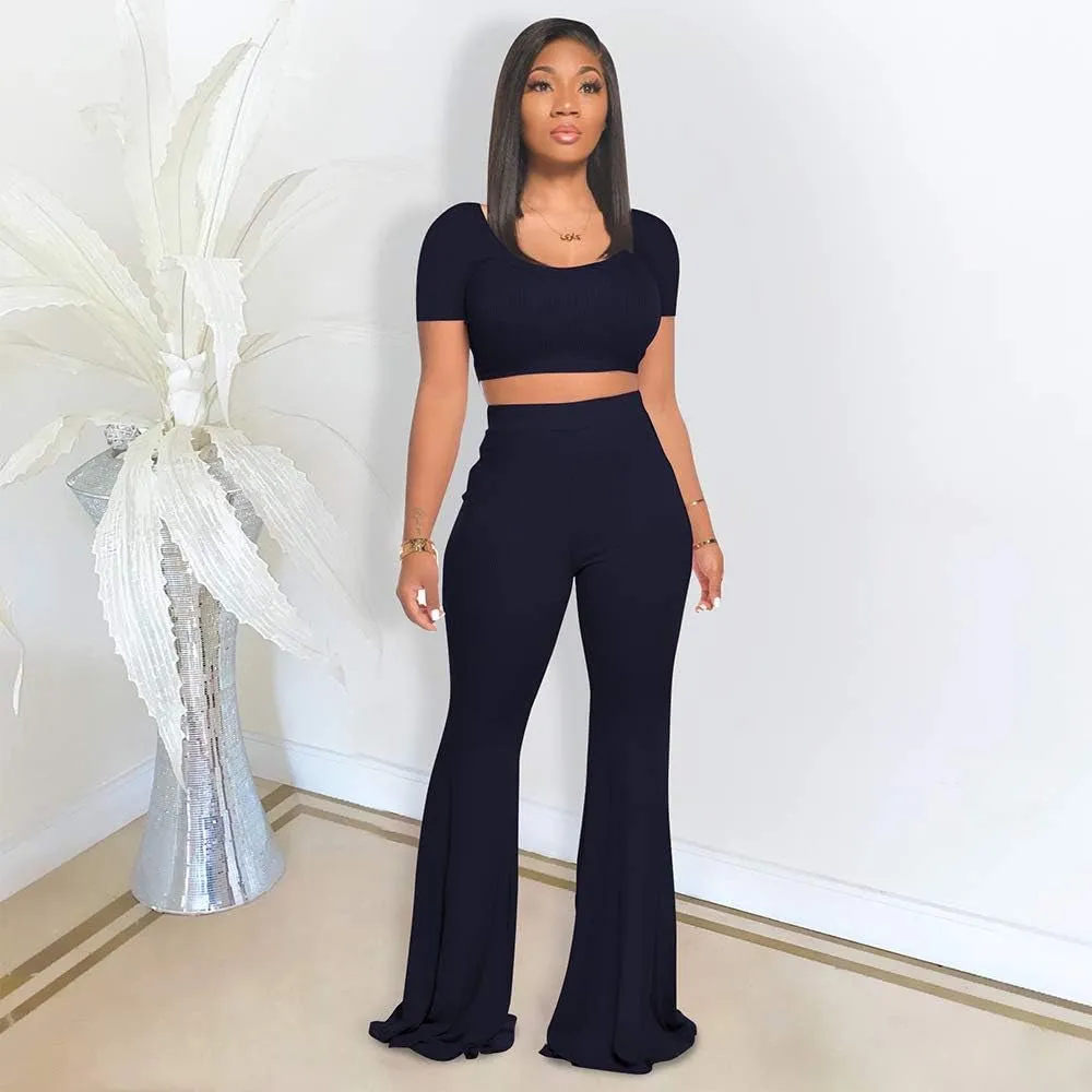 Women's 2-Piece Workout Sets - Sexy Crop Top   High Waisted Flared Long Pants