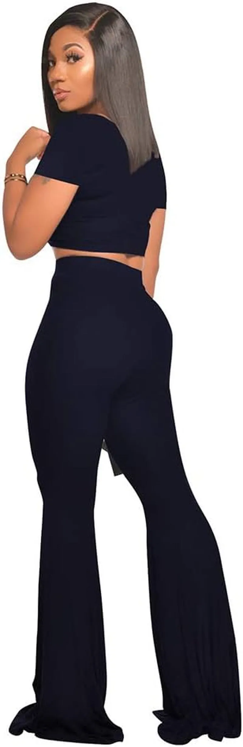 Women's 2-Piece Workout Sets - Sexy Crop Top   High Waisted Flared Long Pants