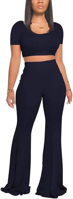 Women's 2-Piece Workout Sets - Sexy Crop Top   High Waisted Flared Long Pants