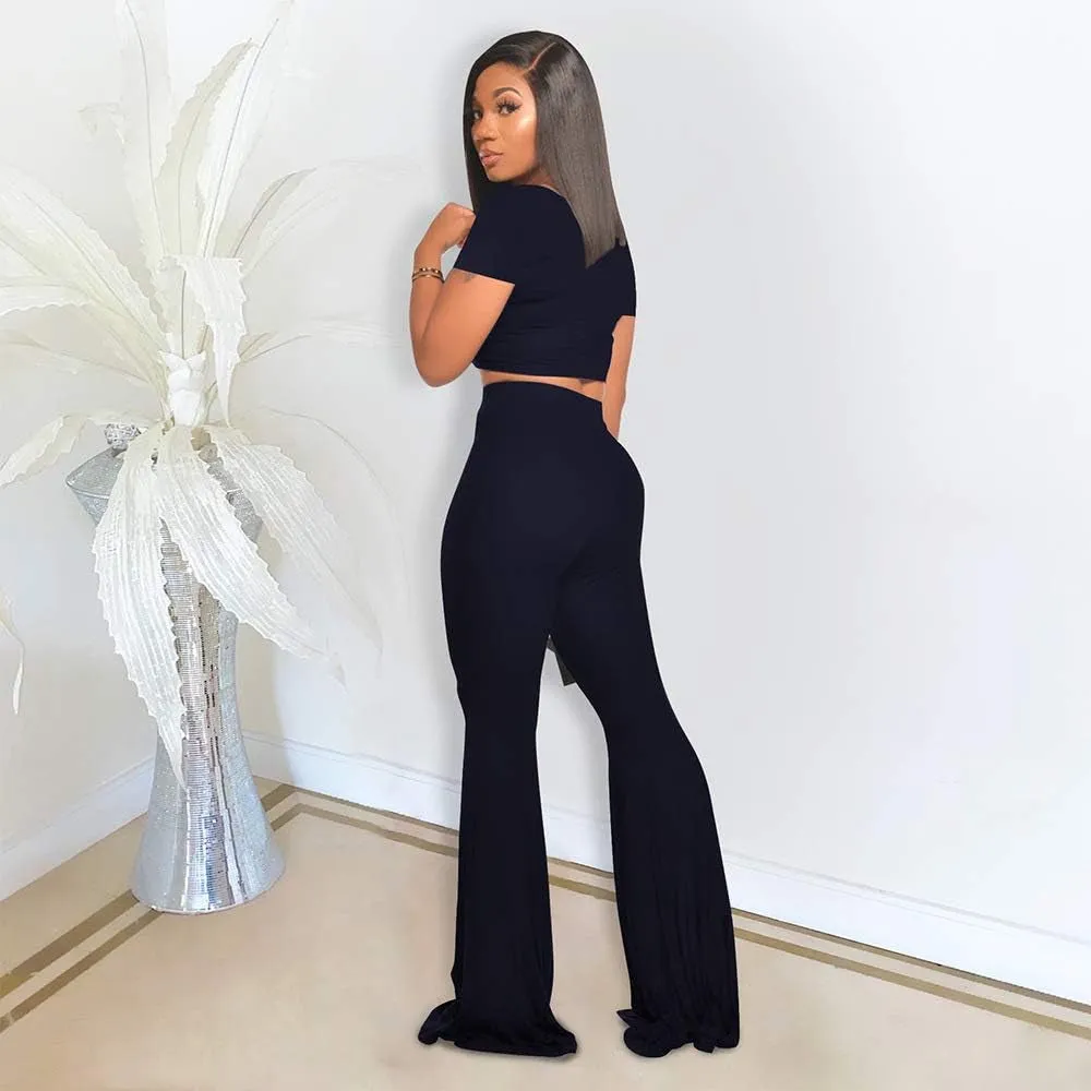 Women's 2-Piece Workout Sets - Sexy Crop Top   High Waisted Flared Long Pants