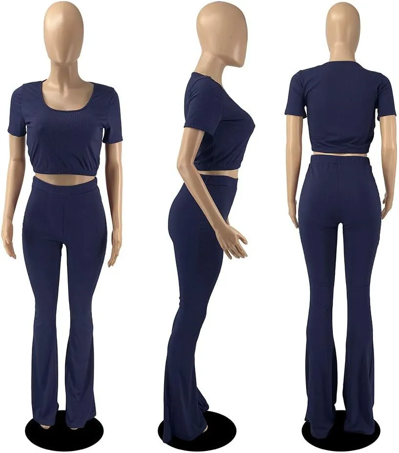 Women's 2-Piece Workout Sets - Sexy Crop Top   High Waisted Flared Long Pants