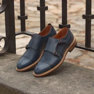 Women's Double Monk Leather Shoes Blue 3045