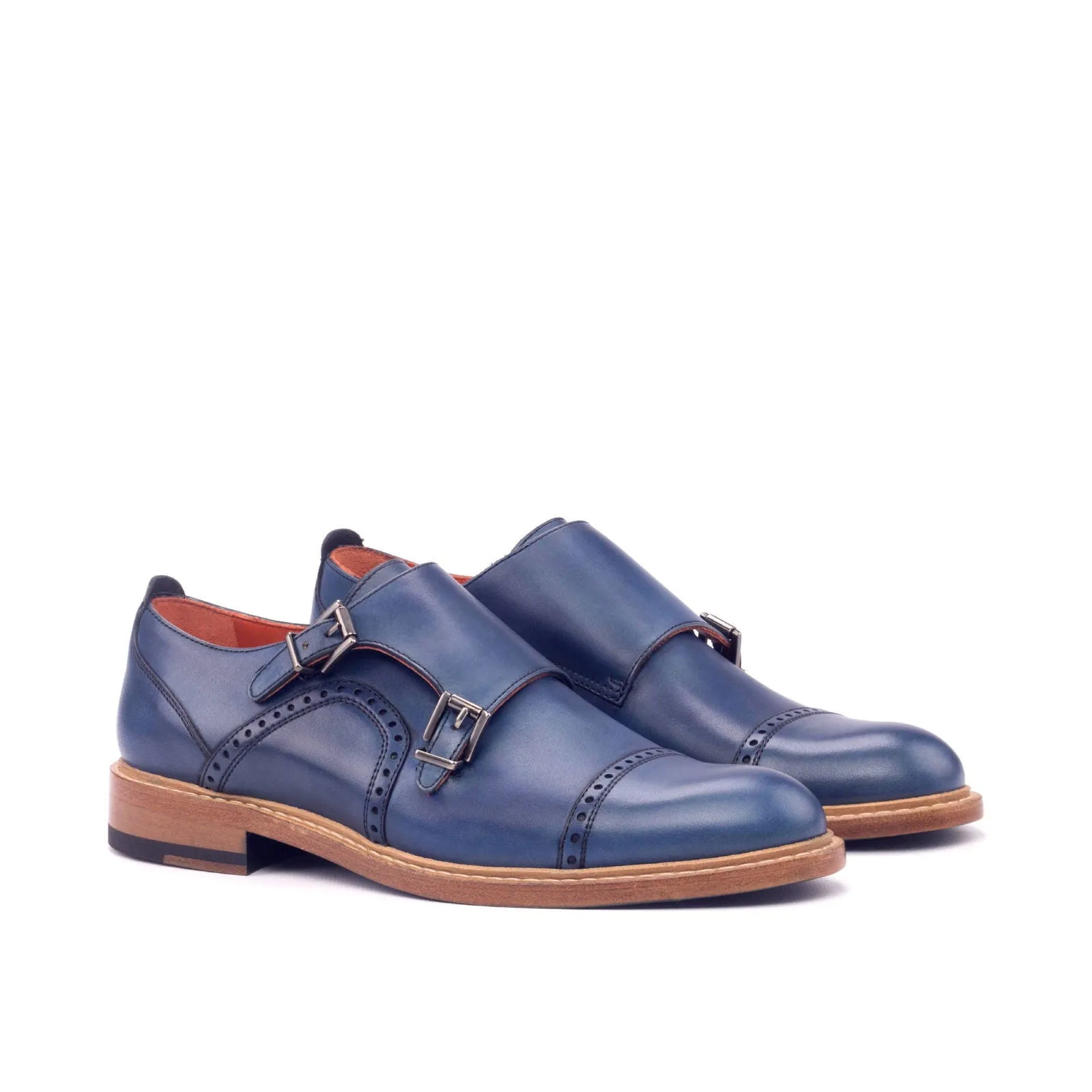 Women's Double Monk Leather Shoes Blue 3045