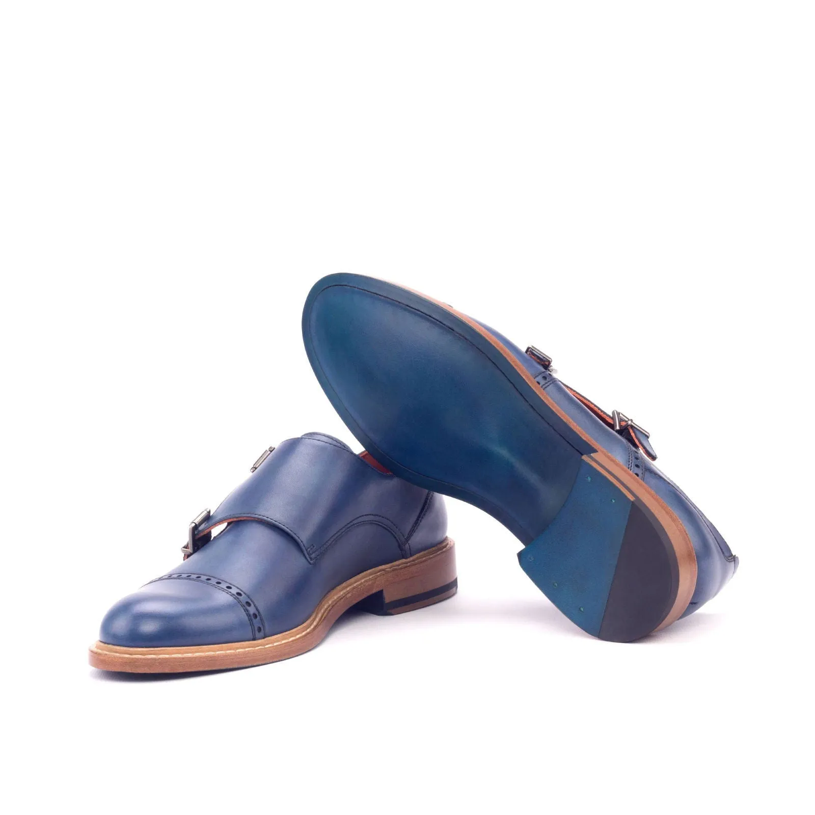 Women's Double Monk Leather Shoes Blue 3045