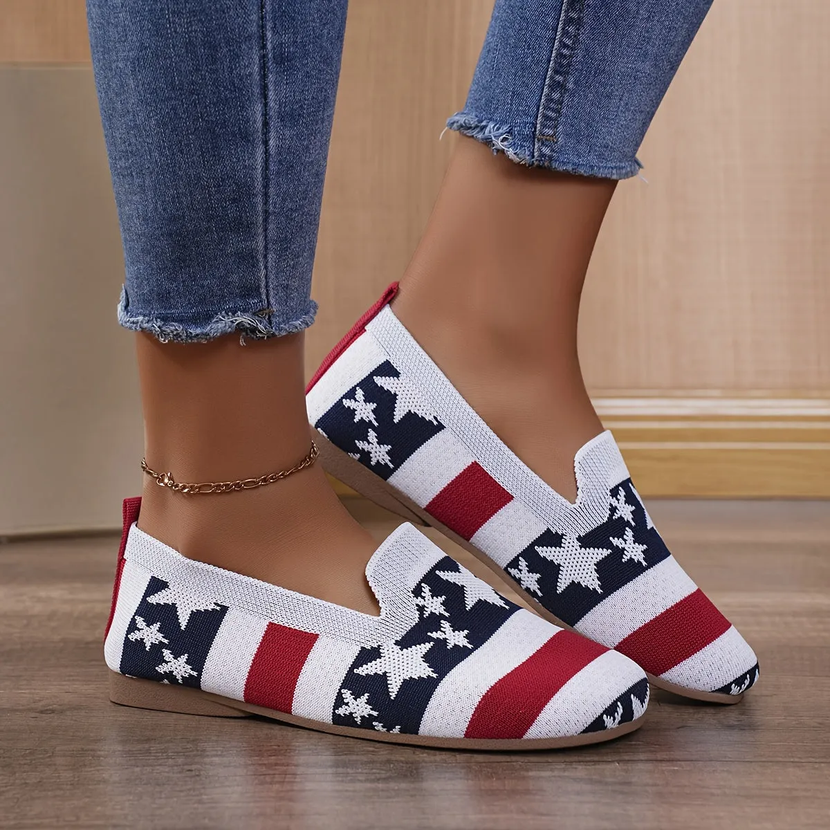 Women's flat knitted single shoes, flag design breathable and comfortable casual shoes, suitable for daily wear