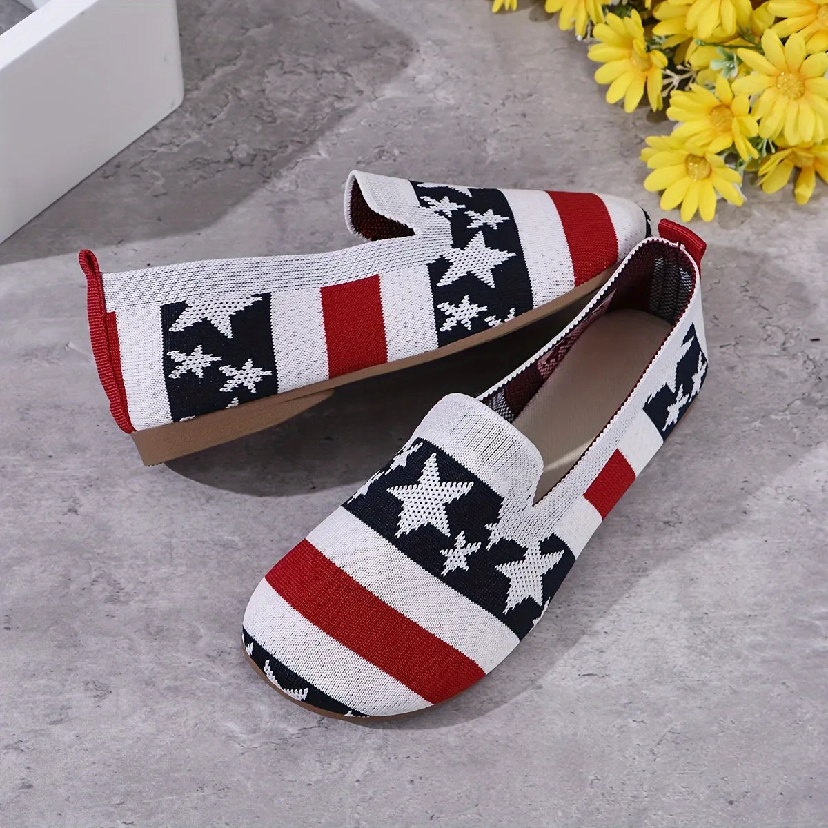 Women's flat knitted single shoes, flag design breathable and comfortable casual shoes, suitable for daily wear