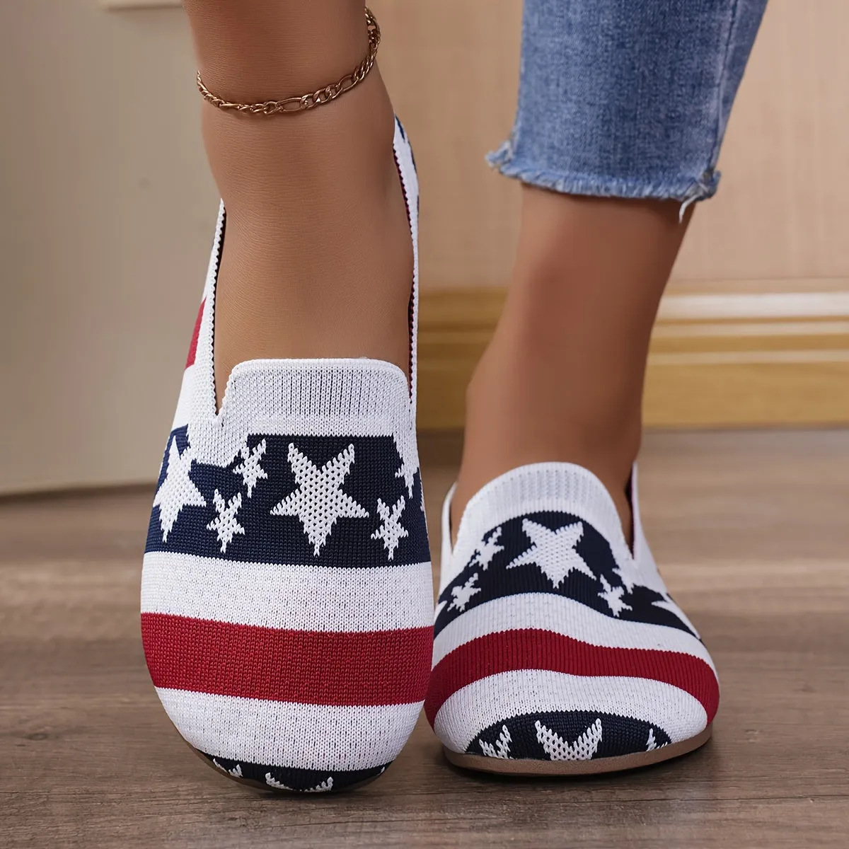 Women's flat knitted single shoes, flag design breathable and comfortable casual shoes, suitable for daily wear