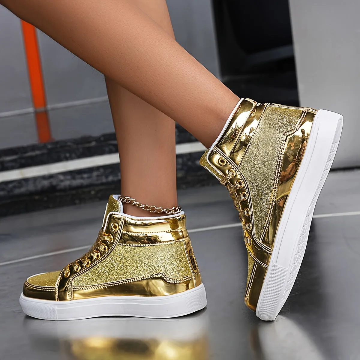 Women's Silvery Grey High Top Skate Shoes |Flat Wear Resistance Non Slip Sneakers