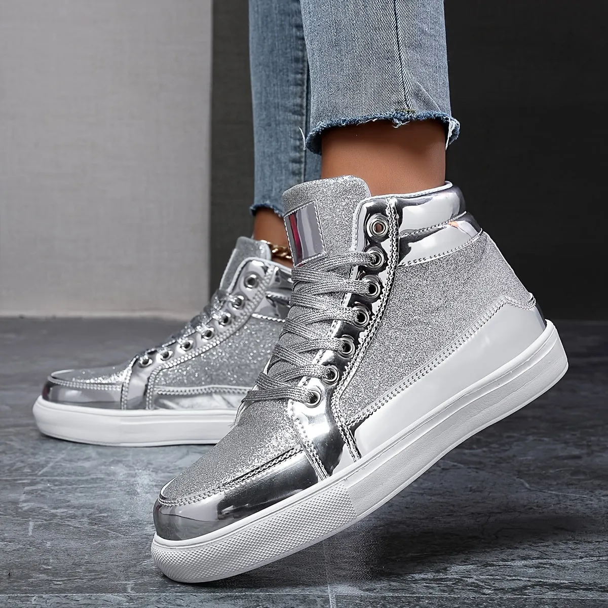 Women's Silvery Grey High Top Skate Shoes |Flat Wear Resistance Non Slip Sneakers