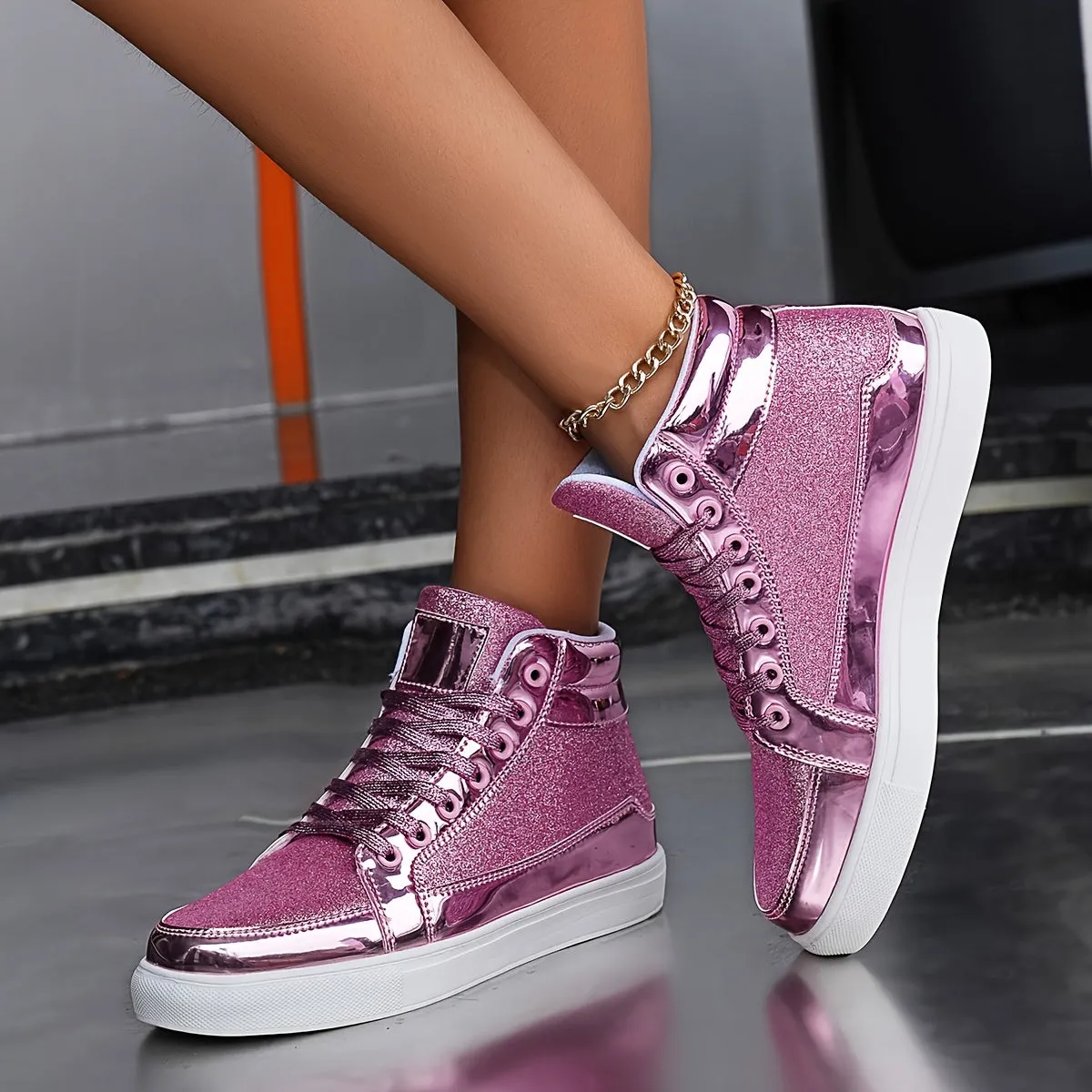 Women's Silvery Grey High Top Skate Shoes |Flat Wear Resistance Non Slip Sneakers