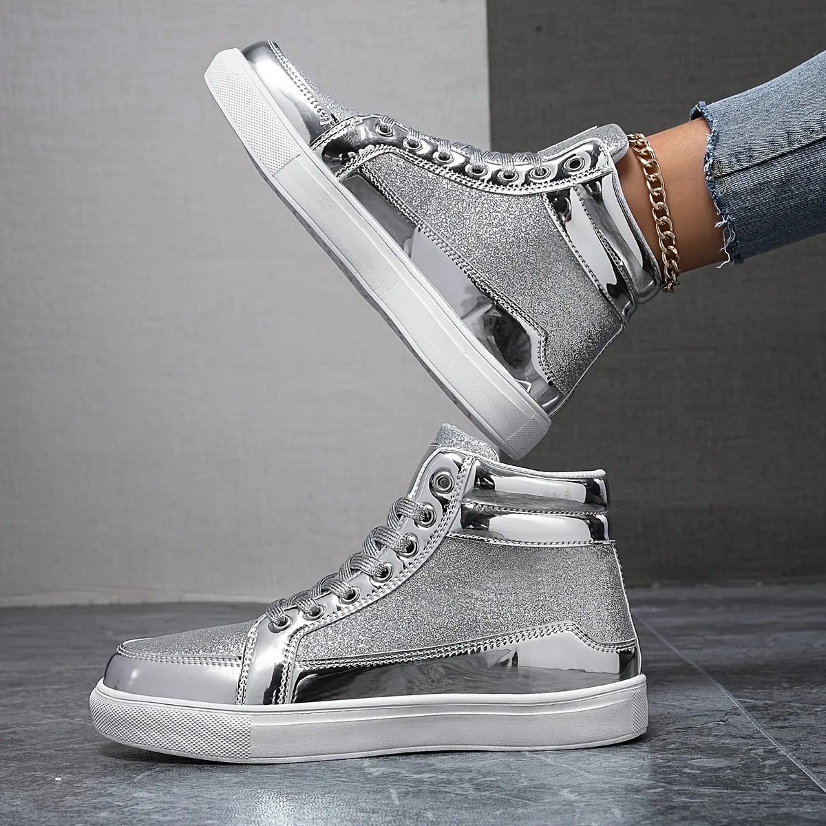 Women's Silvery Grey High Top Skate Shoes |Flat Wear Resistance Non Slip Sneakers