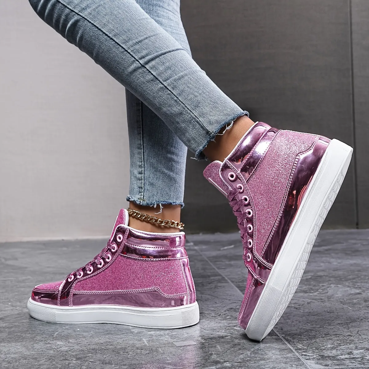 Women's Silvery Grey High Top Skate Shoes |Flat Wear Resistance Non Slip Sneakers