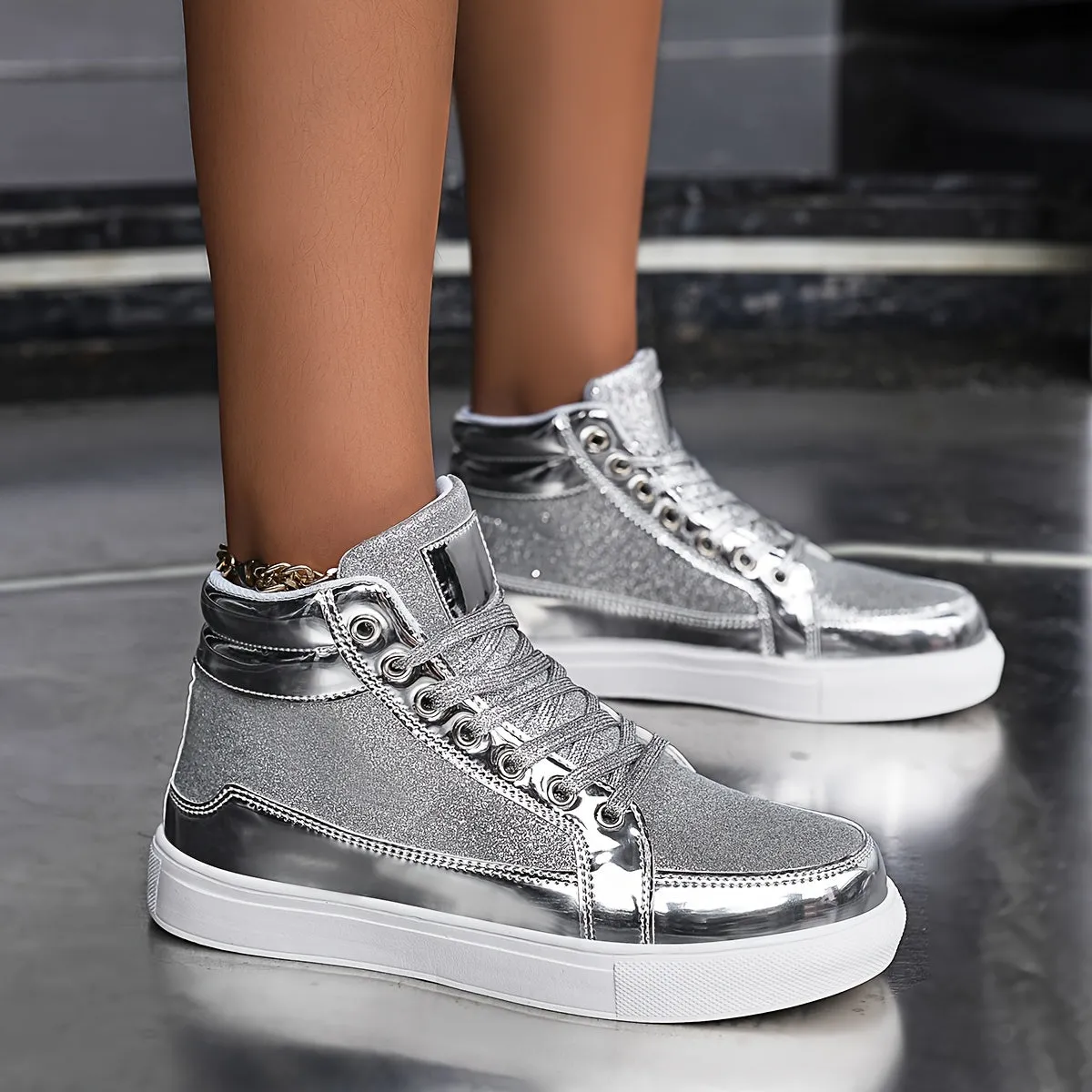 Women's Silvery Grey High Top Skate Shoes |Flat Wear Resistance Non Slip Sneakers