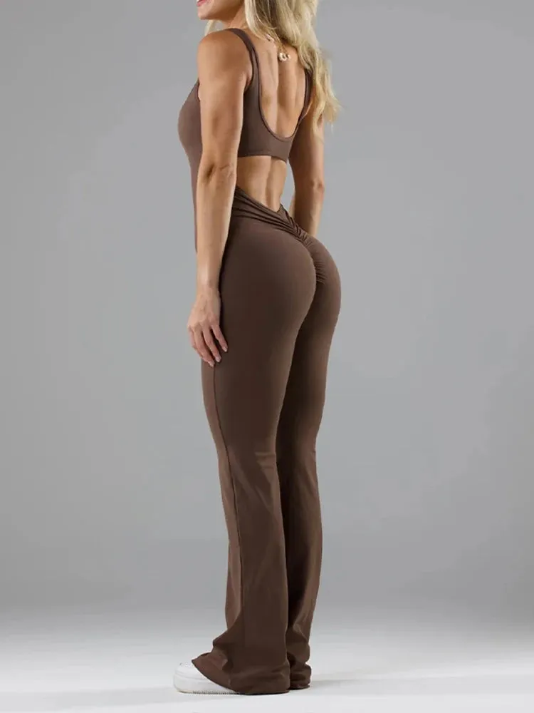 Women’s Workout Flare Jumpsuit, Sexy Backless Bodycon Yoga Romper with Scrunch Butt