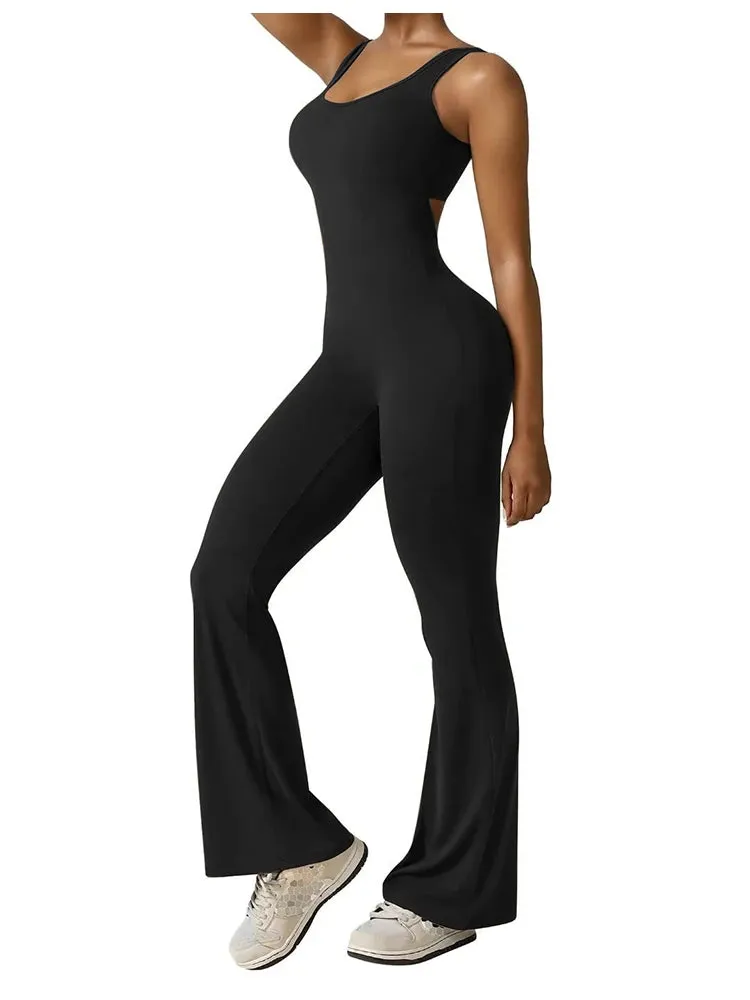 Women’s Workout Flare Jumpsuit, Sexy Backless Bodycon Yoga Romper with Scrunch Butt