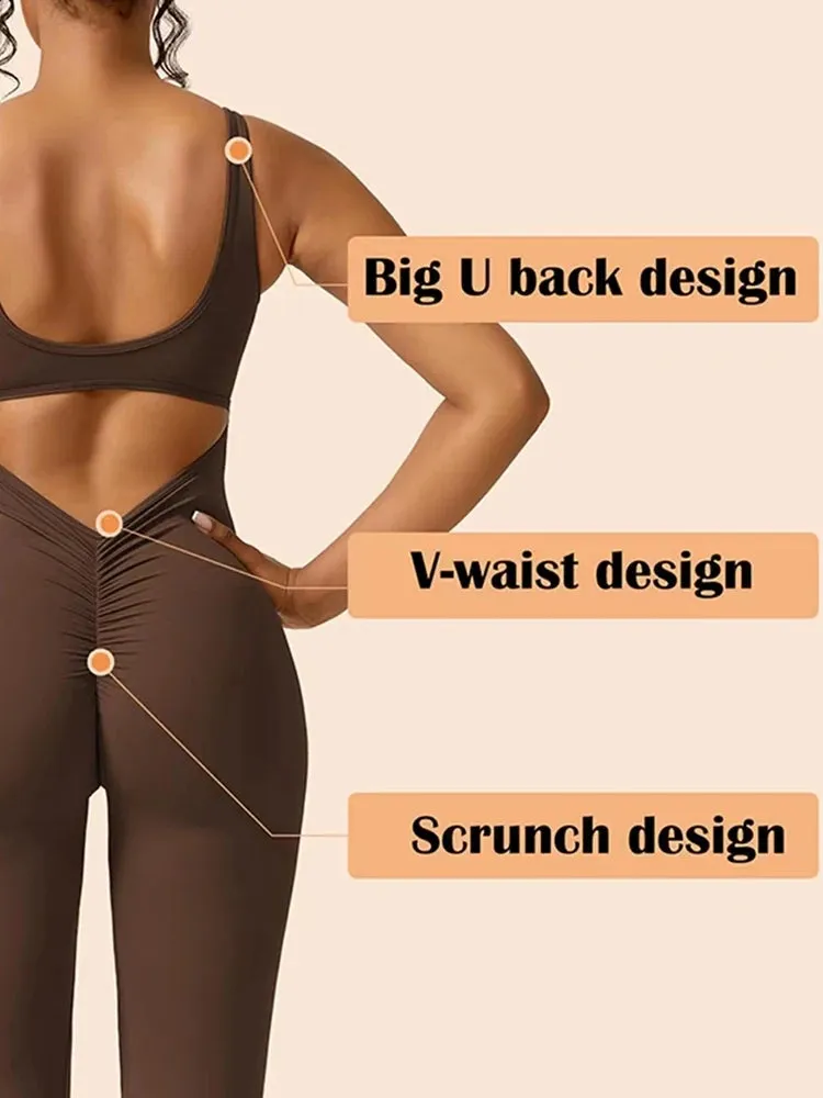 Women’s Workout Flare Jumpsuit, Sexy Backless Bodycon Yoga Romper with Scrunch Butt