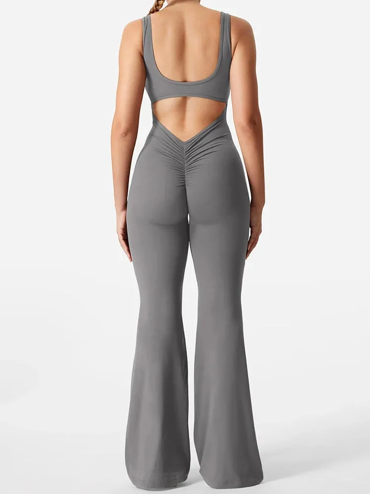 Women’s Workout Flare Jumpsuit, Sexy Backless Bodycon Yoga Romper with Scrunch Butt
