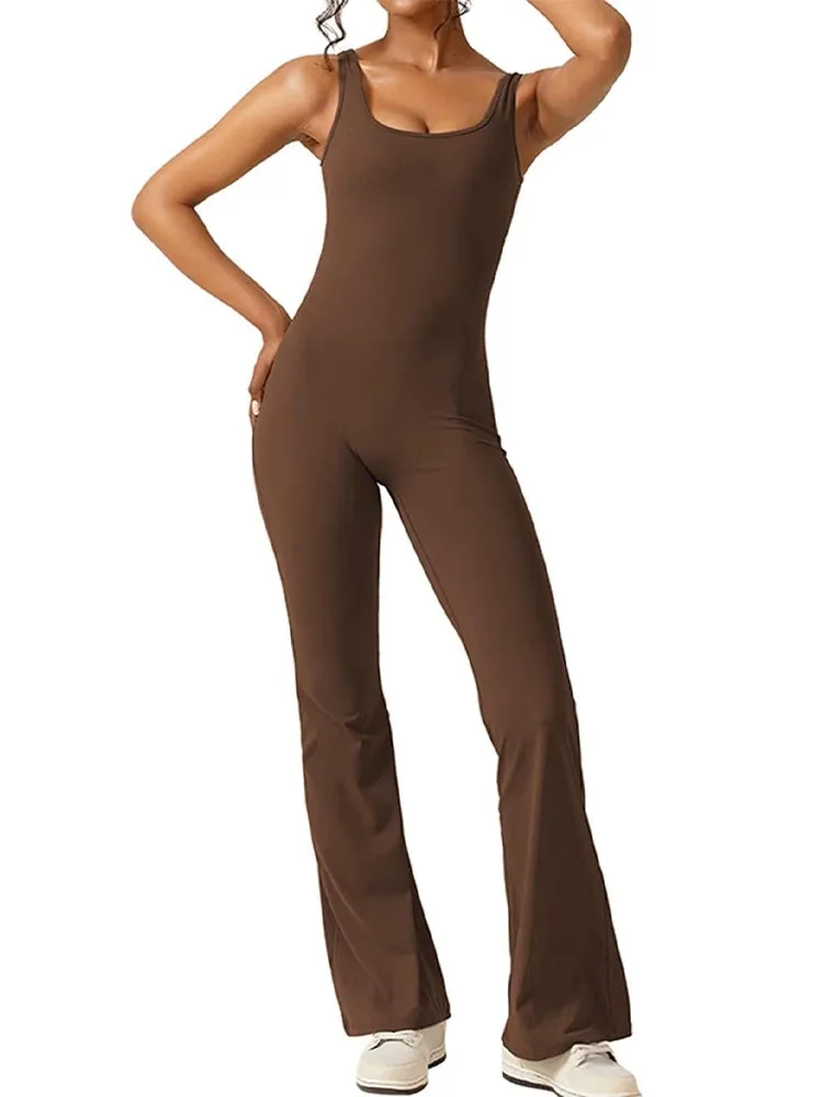 Women’s Workout Flare Jumpsuit, Sexy Backless Bodycon Yoga Romper with Scrunch Butt