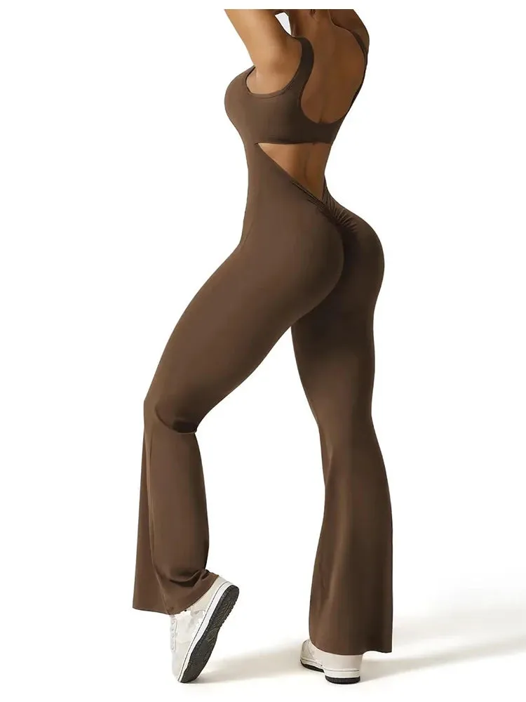 Women’s Workout Flare Jumpsuit, Sexy Backless Bodycon Yoga Romper with Scrunch Butt