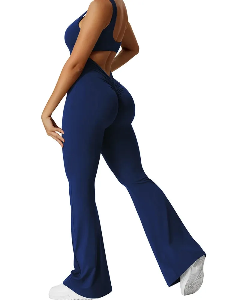 Women’s Workout Flare Jumpsuit, Sexy Backless Bodycon Yoga Romper with Scrunch Butt